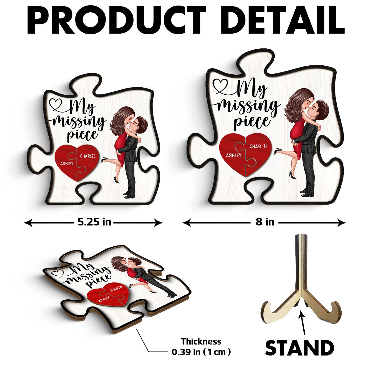 My Missing Piece Couple Hugging Kissing Puzzle Shaped - Personalized 2-Layered Wooden Plaque - Anniversary Gift For Couple, For Dad Mom