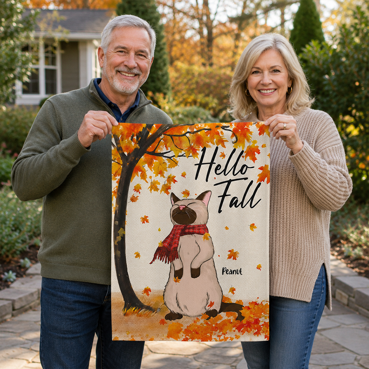 Hello Fall Cute Cat Standing In Fall Breeze - Personalized Garden Flag - Fall Season Decor For Cat Lover