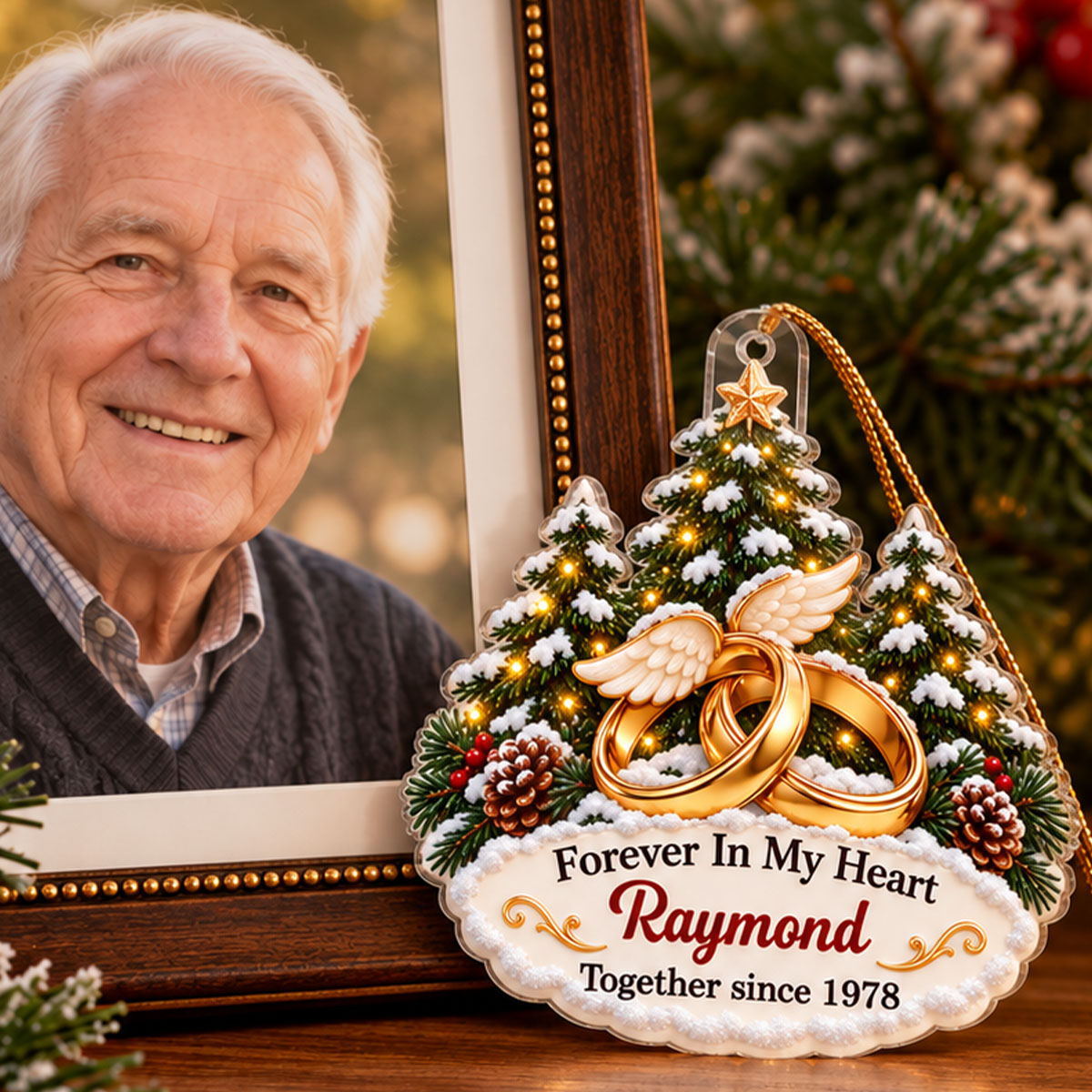 Forever In My Heart Wedding Rings With Angel Wings - Personalized Acrylic Ornament - Christmas Memorial Gift For Loss Of Husband, Wife, Loved Ones