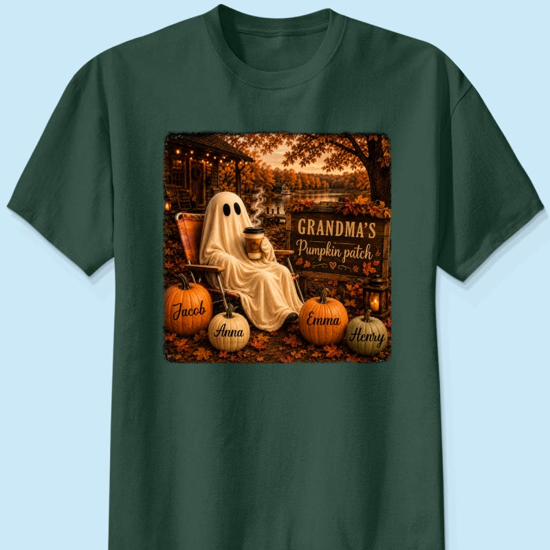 Grandma's Pumpkin Patch Ghost Fall Vibe - Personalized Shirt - Cozy Fall Gift for Grandma