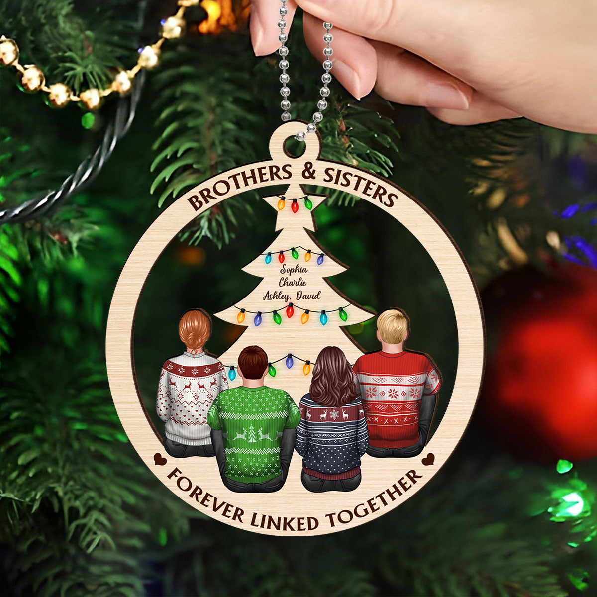 Brother & Sisters Forever Linked Together Christmas Tree Personalized Wooden Ornament