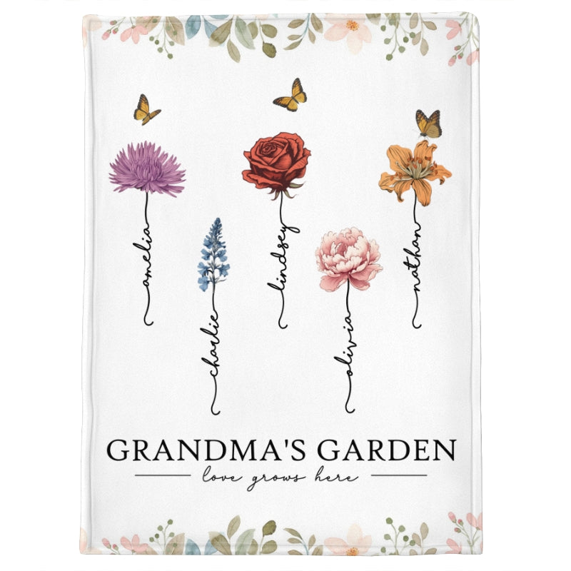 Grandma‘s Garden Love Grows Here Beautiful Birth Month Flower Gift For Grandma Mom Personalized Fleece Blanket