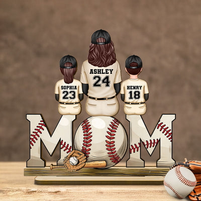 Baseball Mom Family Sitting Back View Personalized Standing Wooden Plaque, Gift for Wife, Gift for Mom