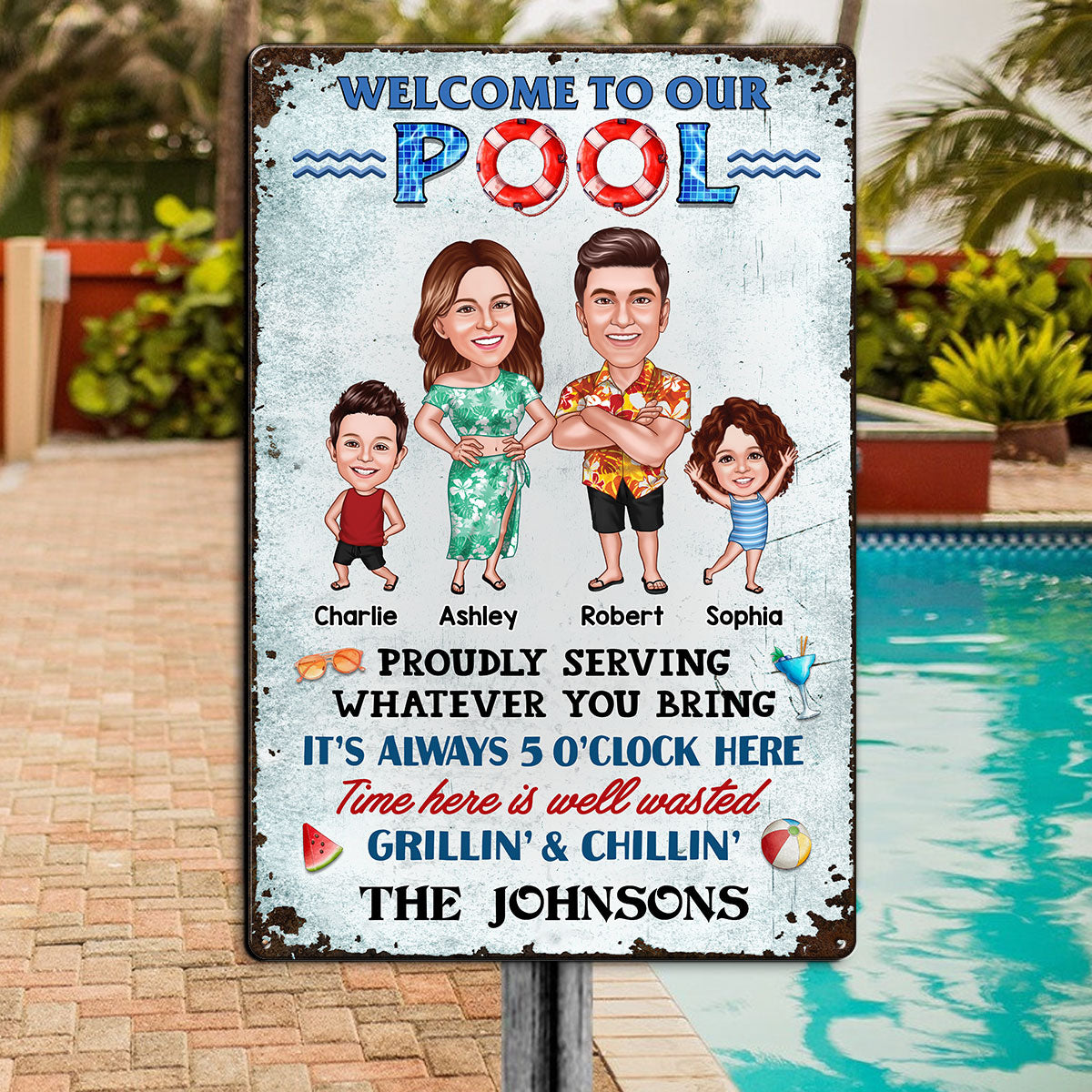 Welcome To Our Pool Caricature Family, Summer Swimming Decor, Personalized Metal Sign