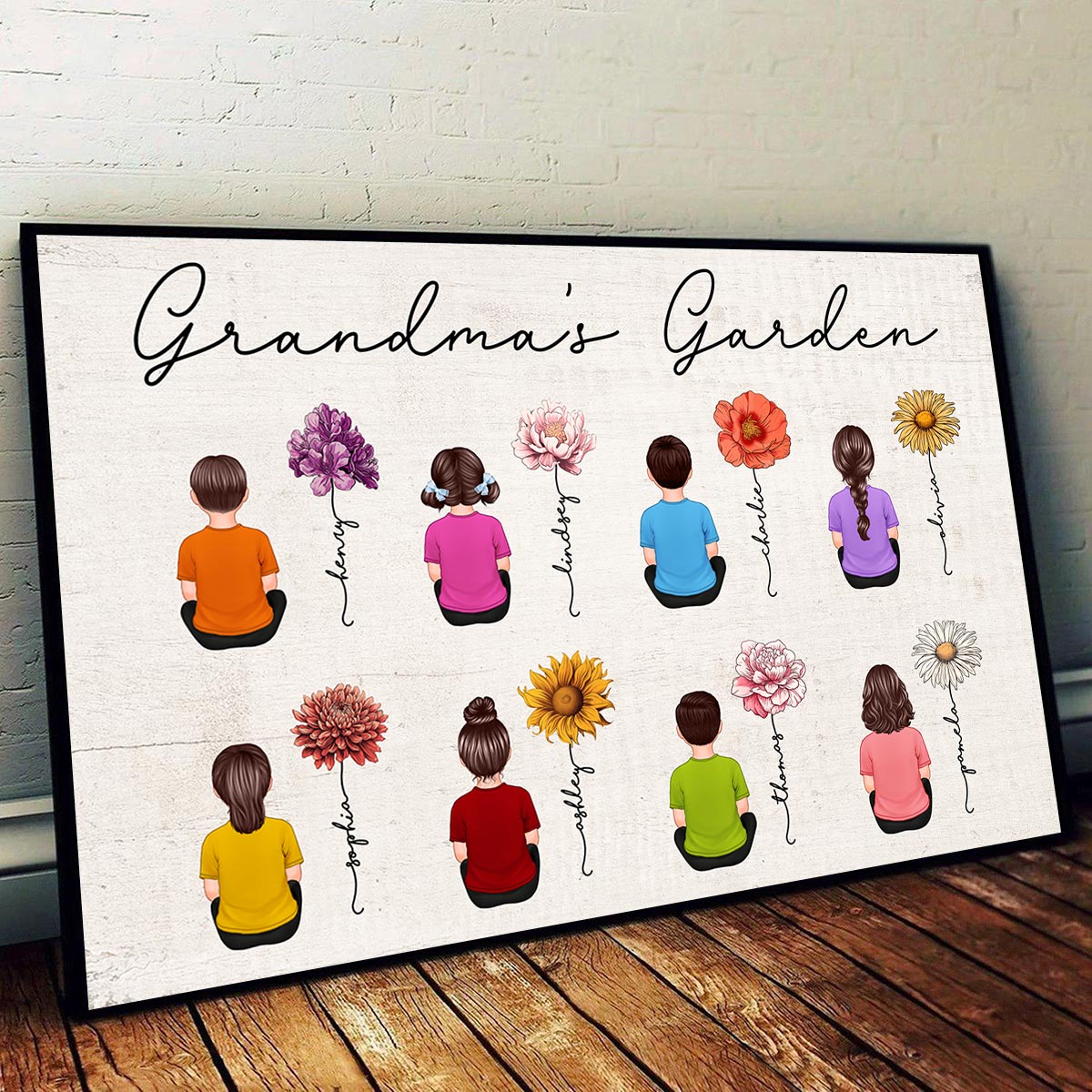 Vintage Flowers Grandma Garden With Grandkids Sitting Personalized Horizontal Poster