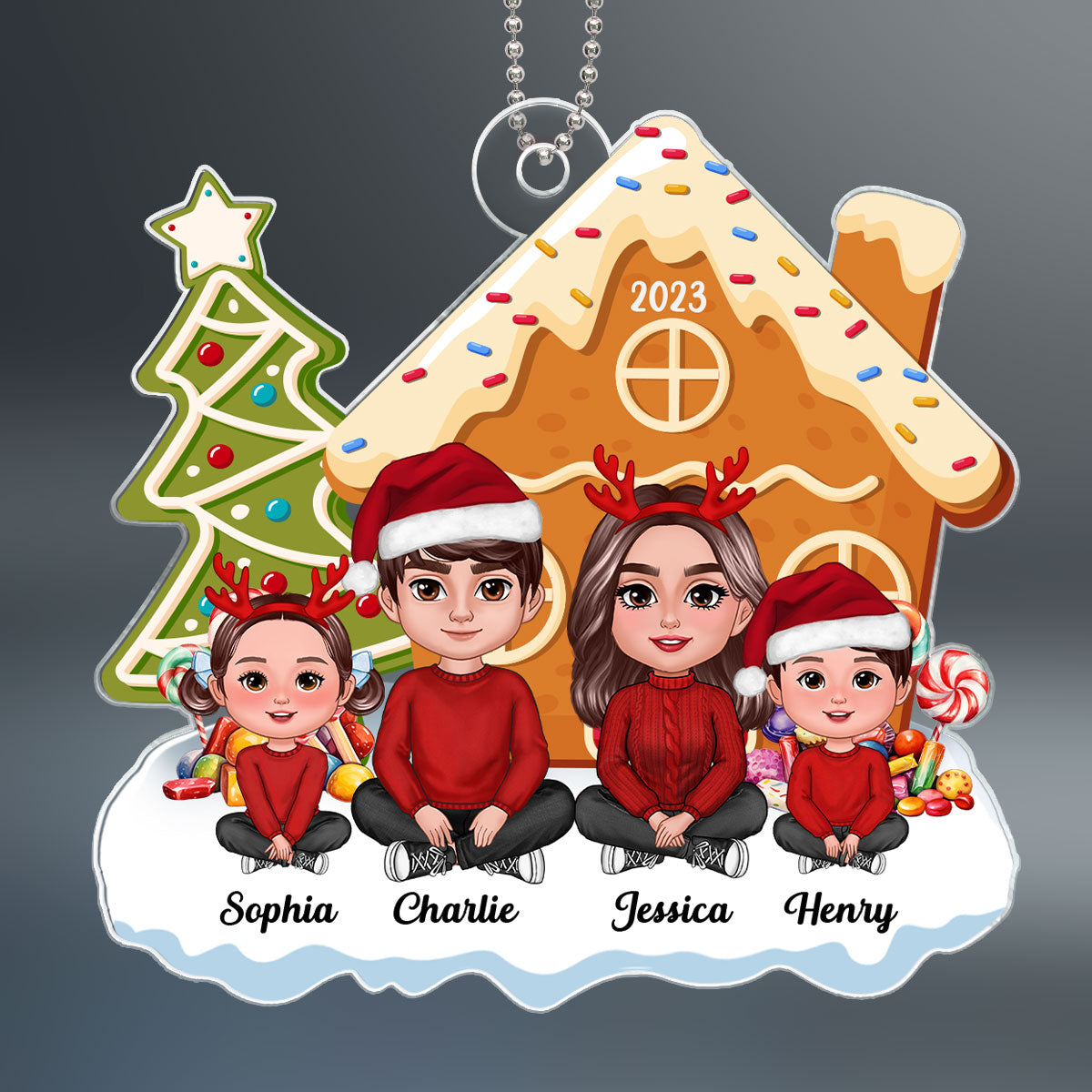 Family Crossed Legs Sitting Christmas Tree Cake Patterned Gingerbread House Personalized Acrylic Ornament