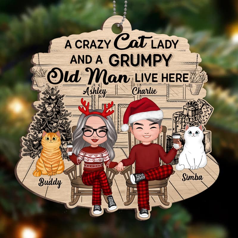 Crazy Cat Lady Grumpy Old Man Front Porch Personalized Christmas Wooden Ornament