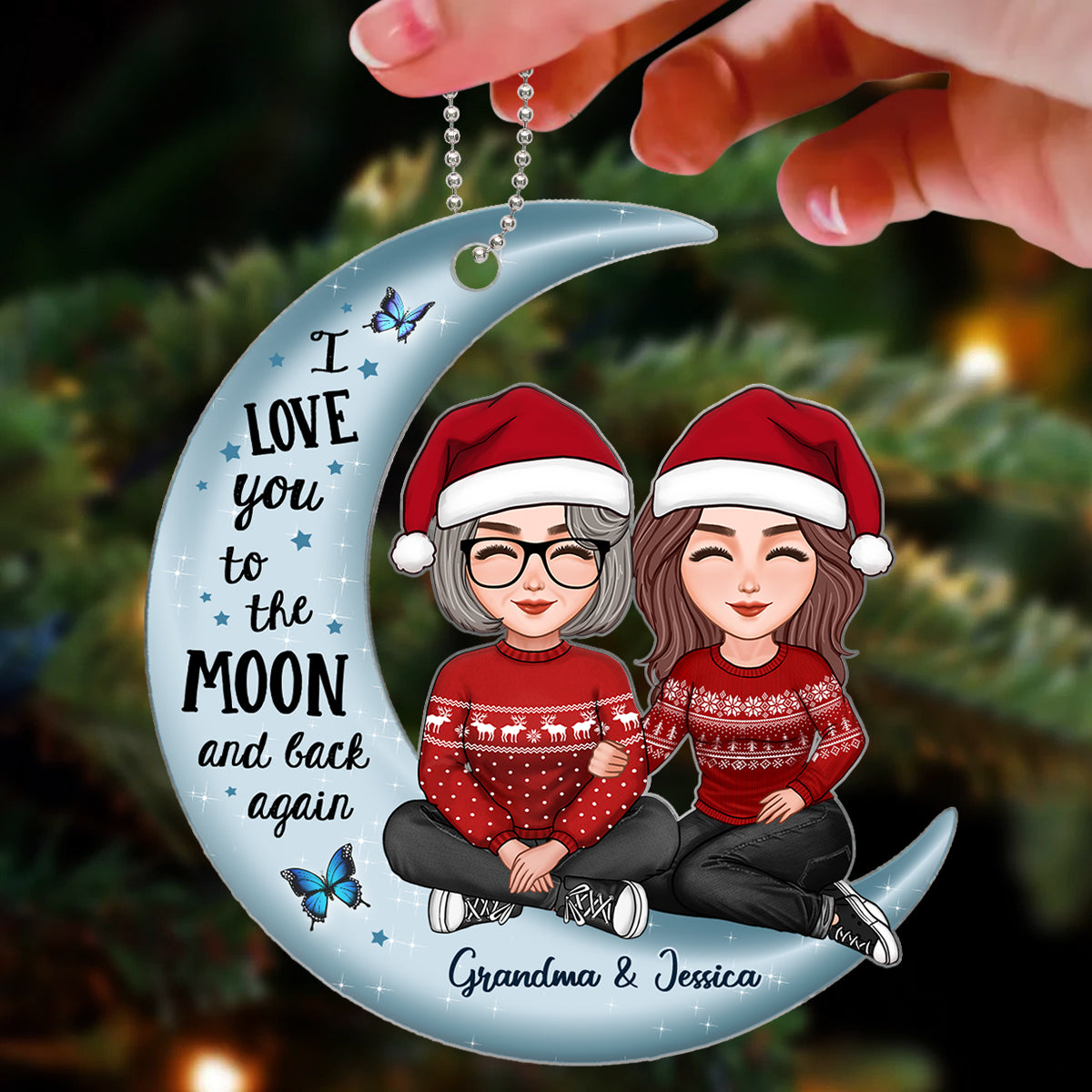 Cute Grandma & Grandkid On Moon Kid Baby Teenage Granddaughter Grandson Personalized Acrylic Ornament