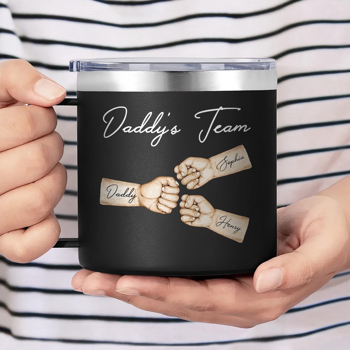 Daddy's Team Fist Bump Personalized Stainless Steel Tumbler With Handle, Unique 2025 Father's Day Gift For Dad