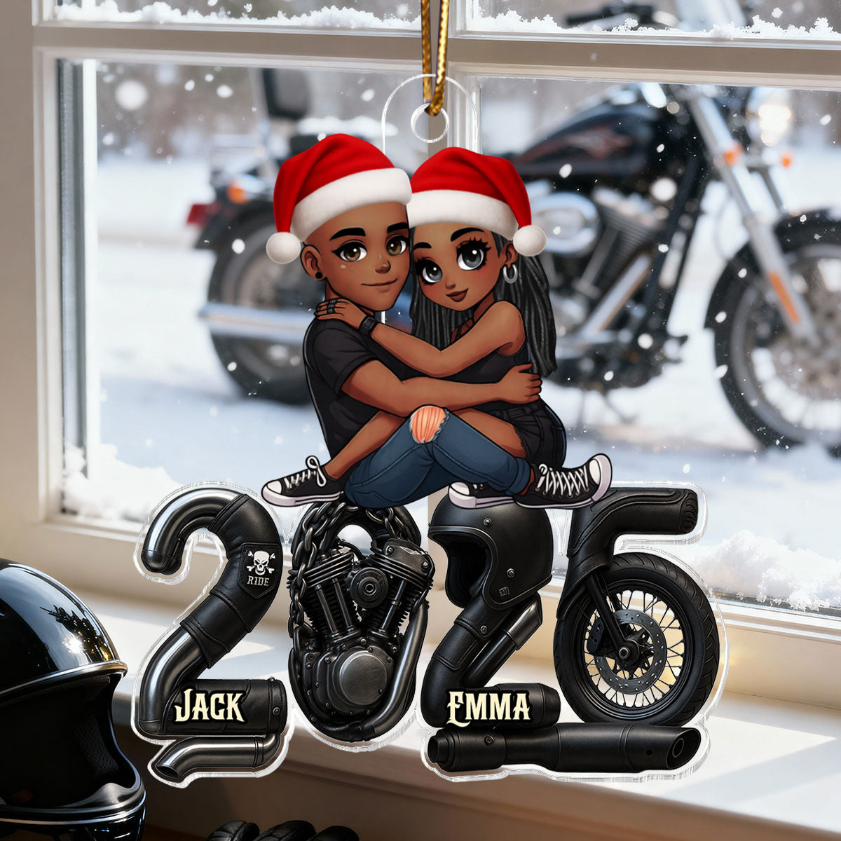 3D Effect Biker Couple- Personalized Acrylic Car Hanger- Gift For Bikers, Gift For Him, For Her
