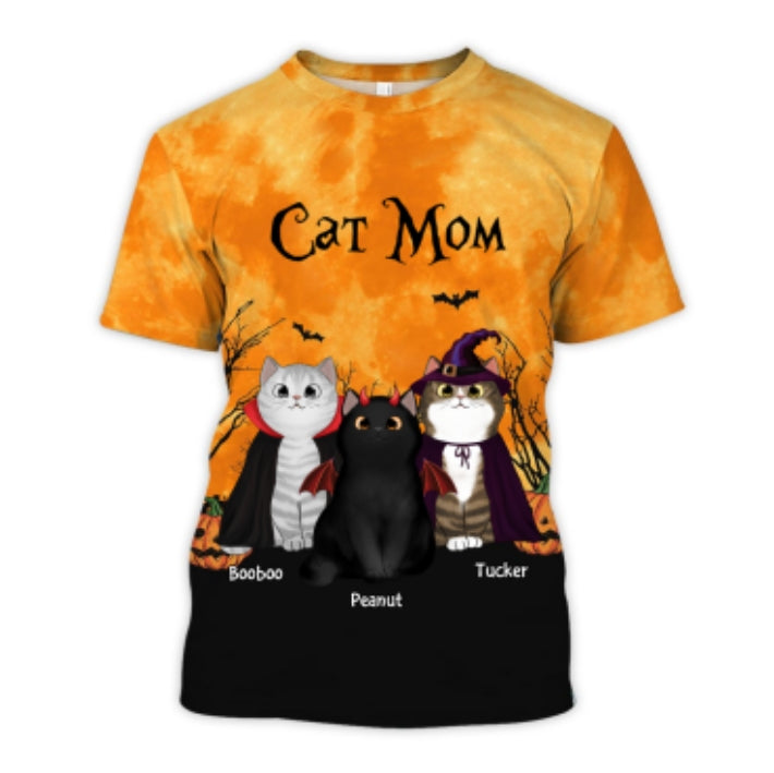 Cat Mom Halloween Moon Light Bat Tree - Personalized 3D Shirt