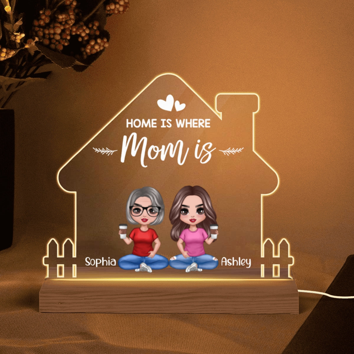 Home Is Where Mom Is Mother’s Day Personalized House Shape Acrylic Plaque LED Night Light