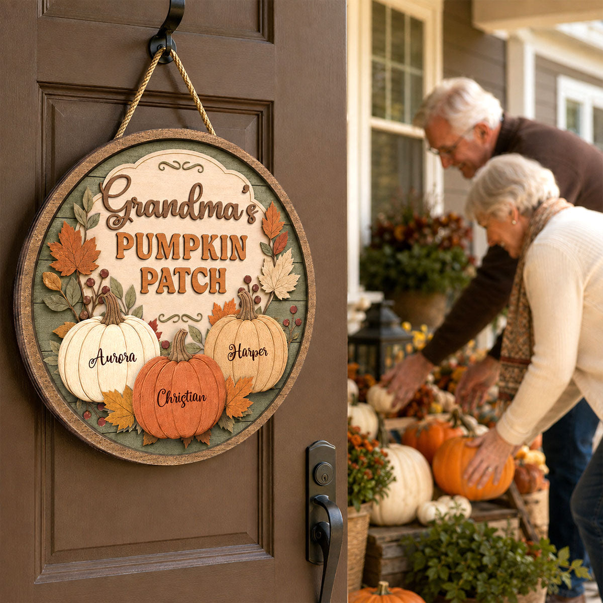 Grandma's Pumpkin Patch Vintage Style 2D Flat Printed - Personalized Door Hanger - Fall Season Decor For Grandparents