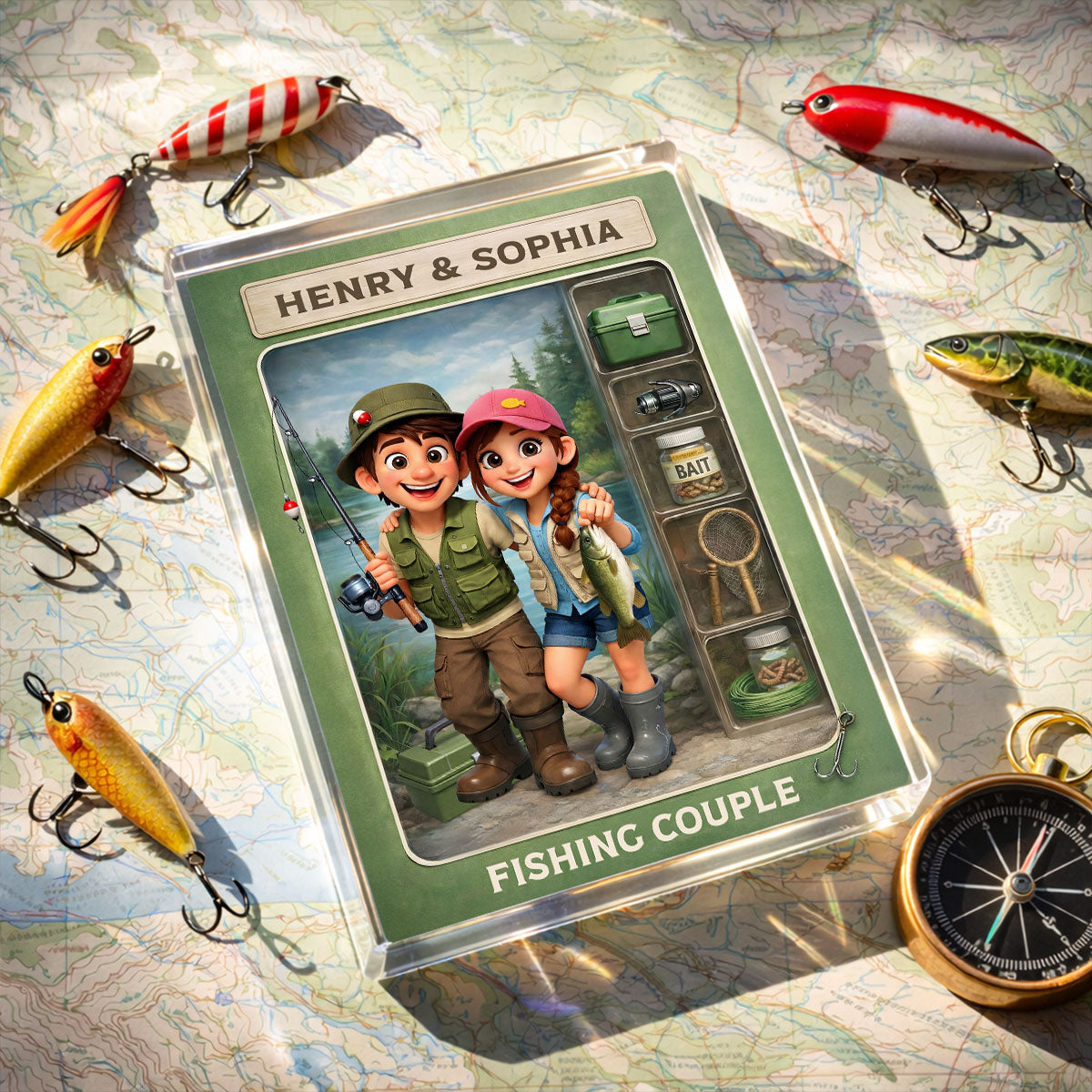 Fishing Couple Action Figure - Personalized Acrylic Block Plaque - Anniversary, Valentine's Day Gift, Gift For Him, Gift For Her