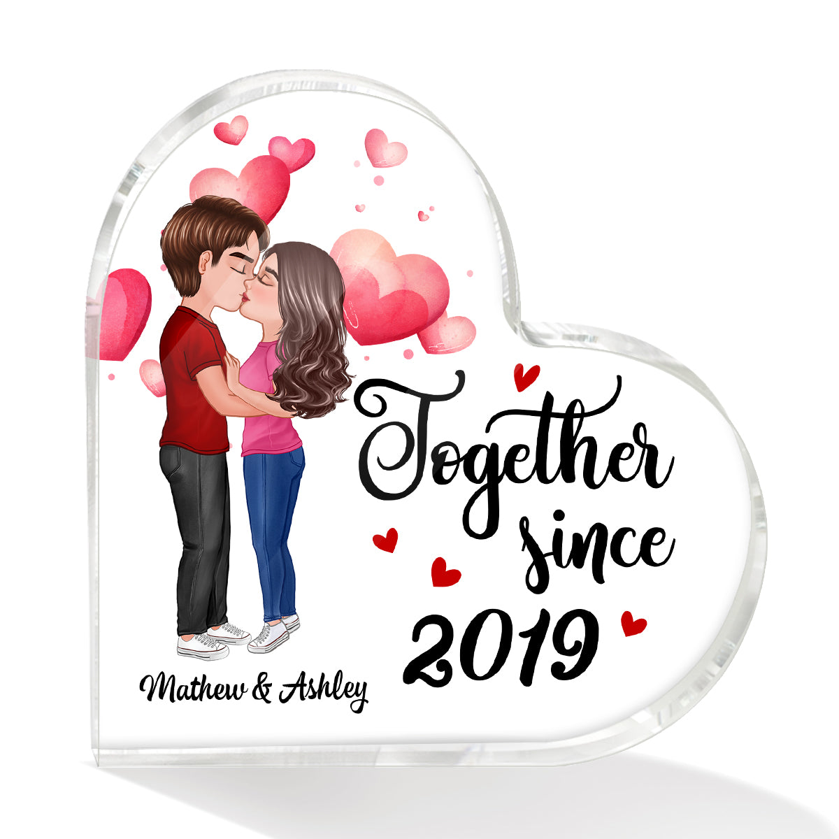 Watercolor Hearts Doll Couple Kissing Gift for Him For Her Personalized Heart Acrylic Plaque
