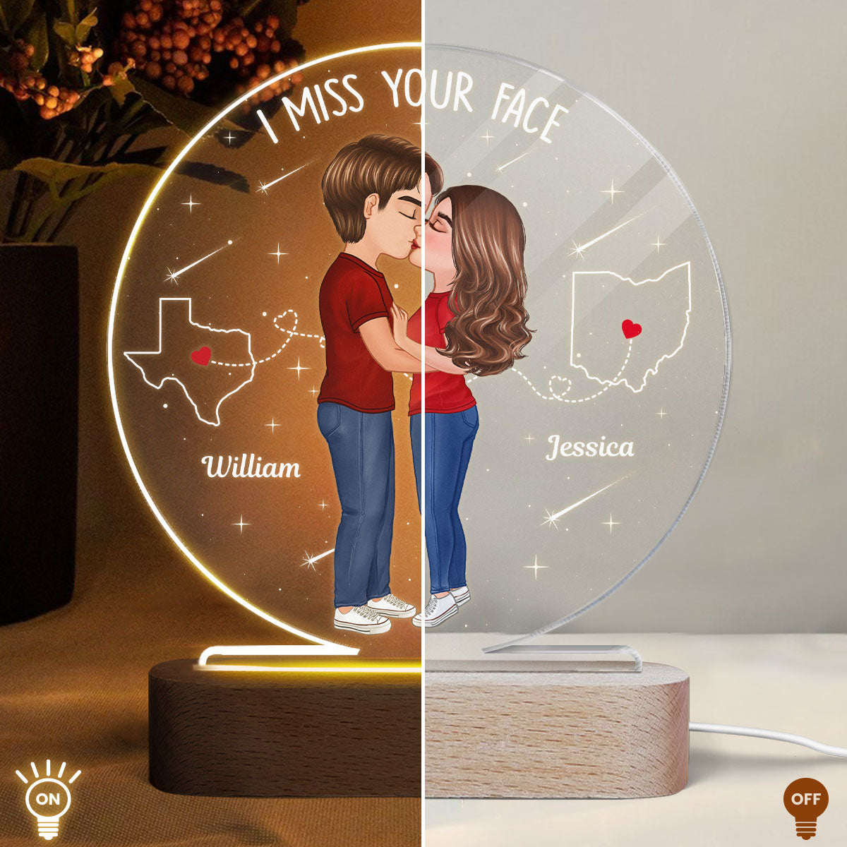 Long Distance Couple Kising State Map Personalized Circle Acrylic LED Night Light