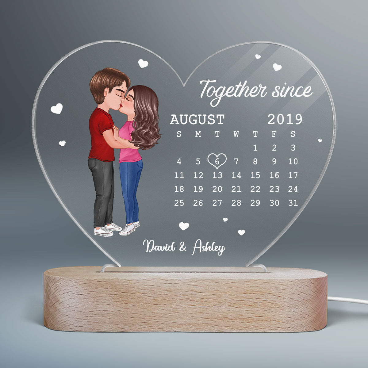 Doll Couple Kissing Together Since Anniversary Date Calendar Personalized Acrylic Heart Plaque With LED Night Light
