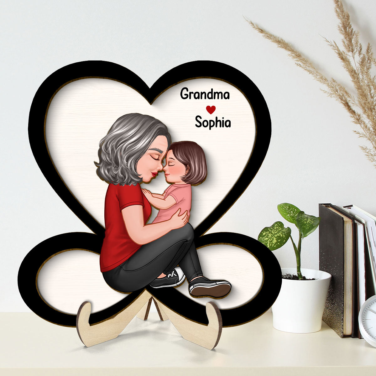 Grandma Mom Holding Kid Sitting On Heart Infinity Personalized 2-layer Wooden Plaque