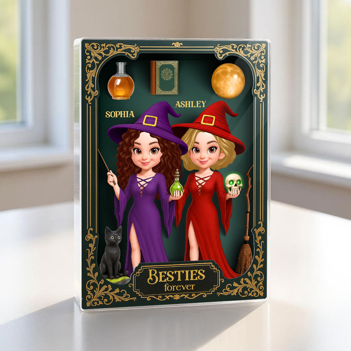 Besties Sisters 3D Effect Witch Action Figure Gothic Style Personalized Acrylic Block