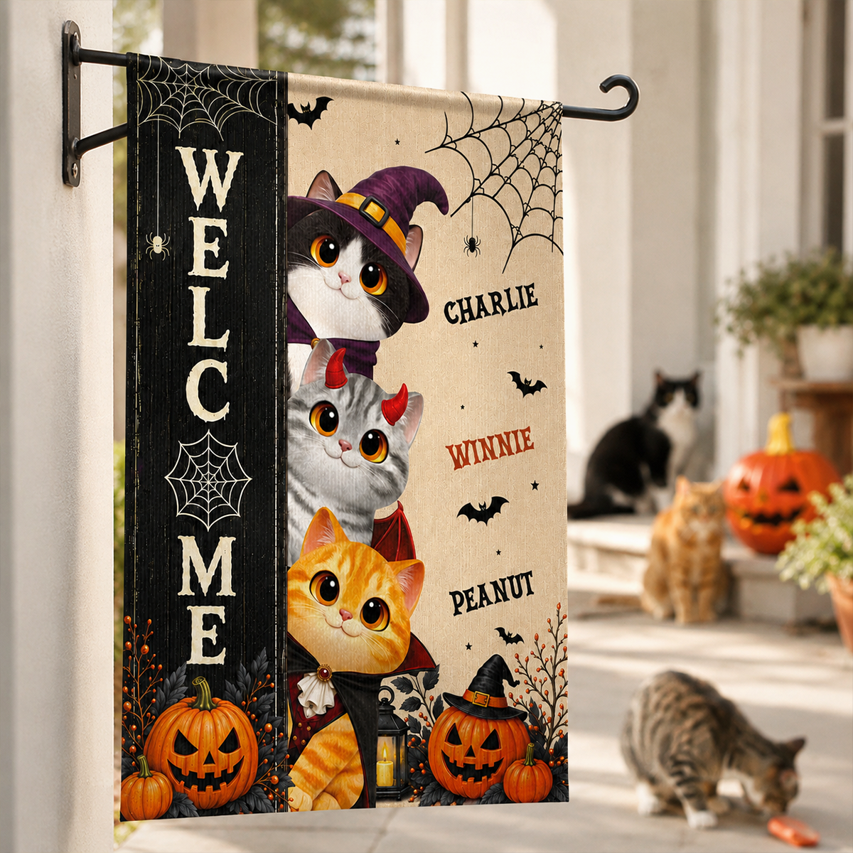 Spooky Cats Welcome - Personalized Garden Flag - Halloween Yard Decor