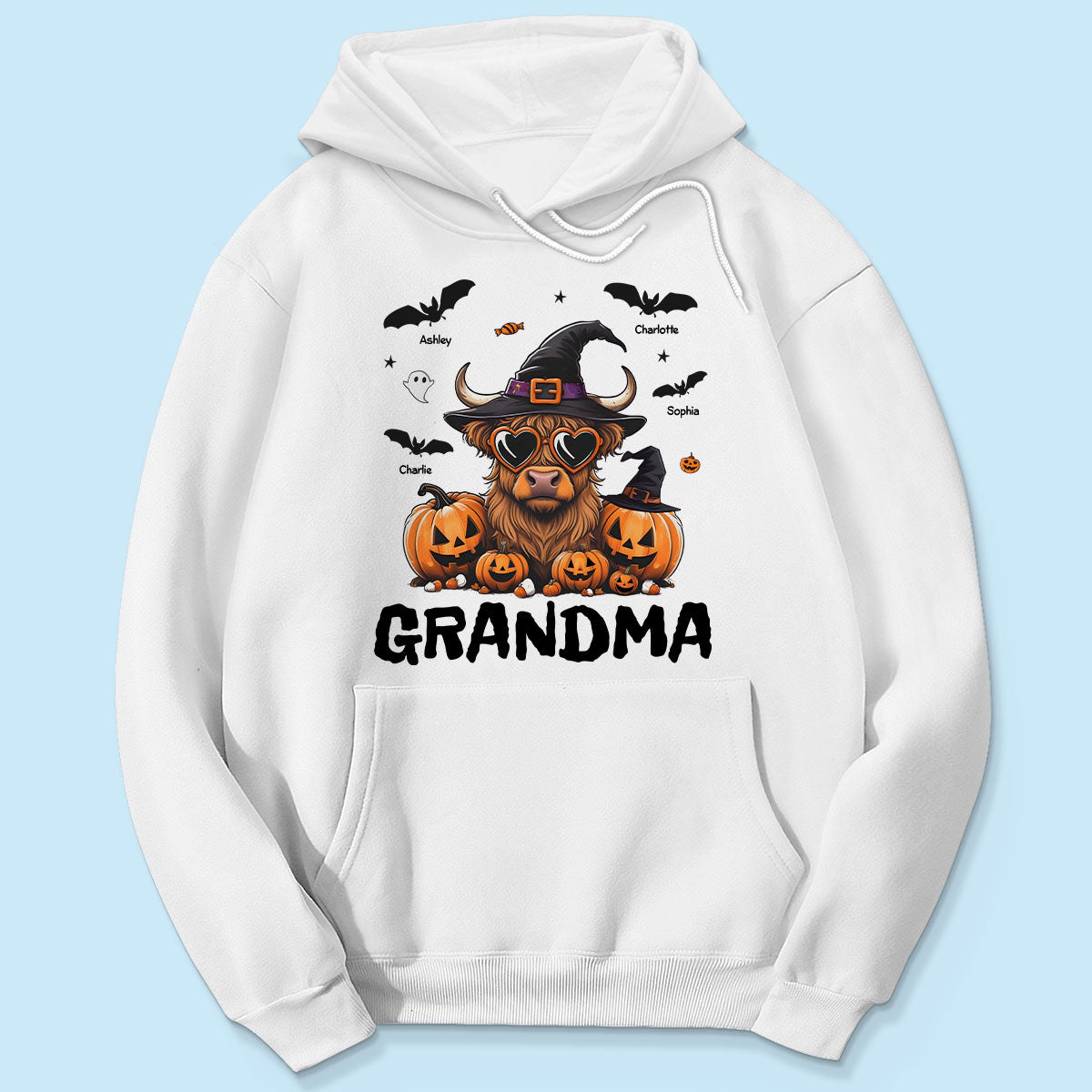 Grandma Halloween Highland Cow & Bats Kids Personalized Shirt, Gift For Grandma