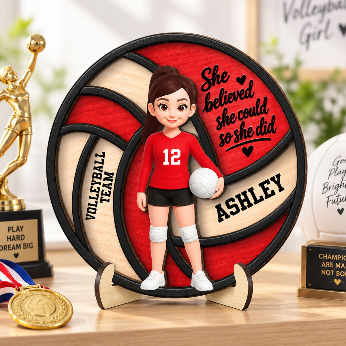 Proud Volleyball Player Custom Name And Number - Personalized 2-Layered Wooden Plaque - Christmas Gift For Teenagers, Volleyball Players, Daughter, Granddaughter, Son, Grandson