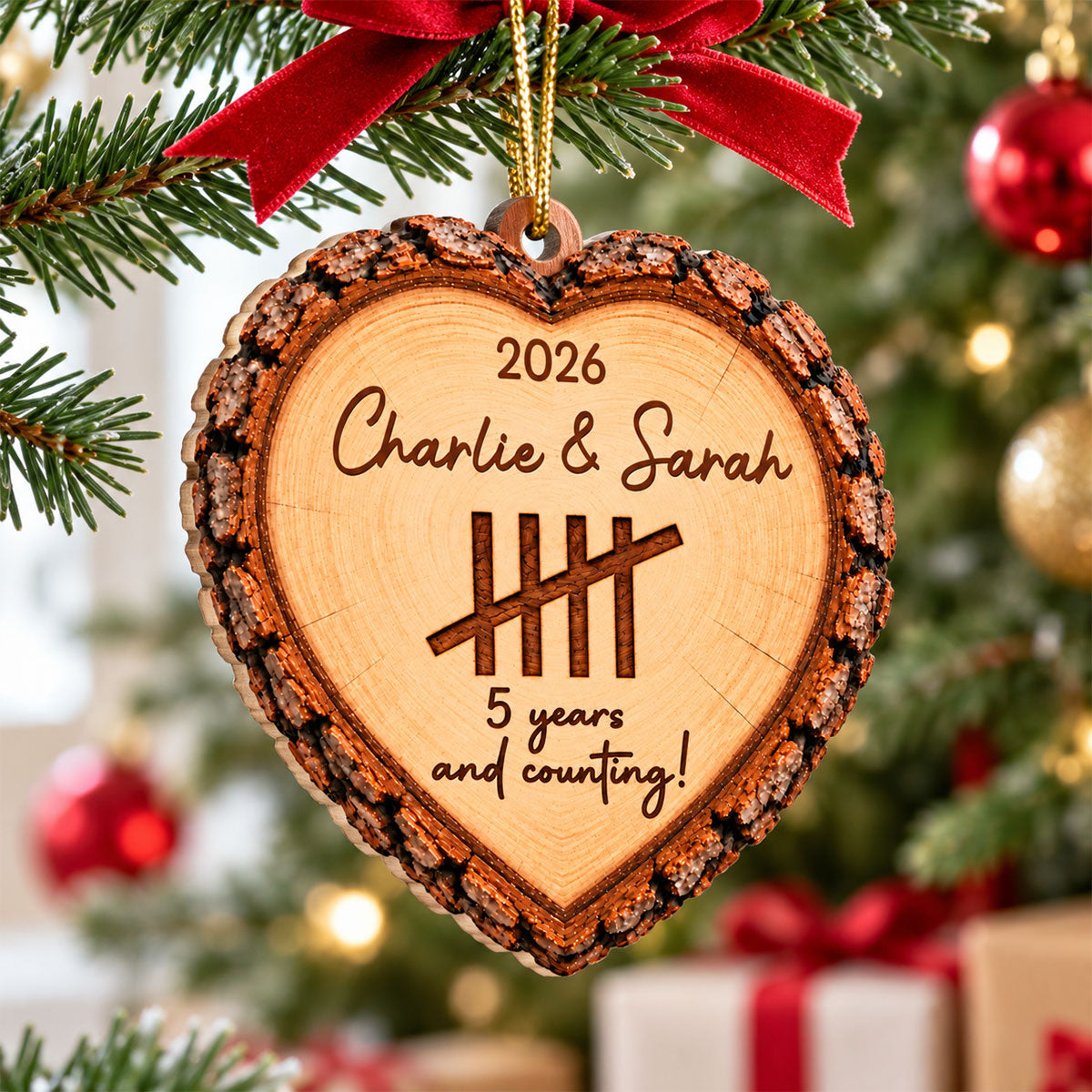 Years and Counting Rustic Heart Wood Slice - Personalized Wooden Ornament – Custom Anniversary Keepsake Gift for Couples