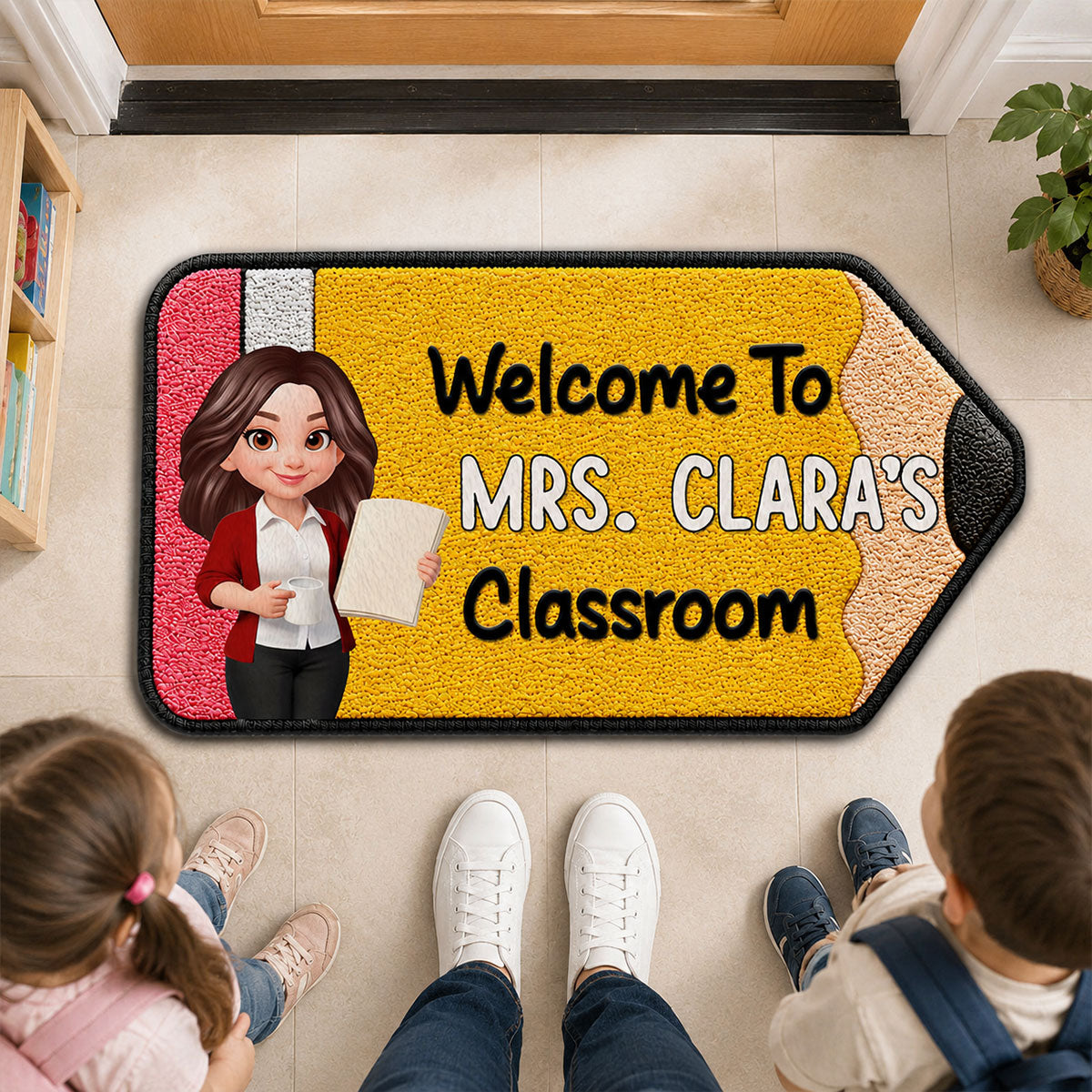 Happy Pencil Teacher Welcome To Classroom - Personalized Doormat - Back To School Gift For Teacher, Classroom Decor