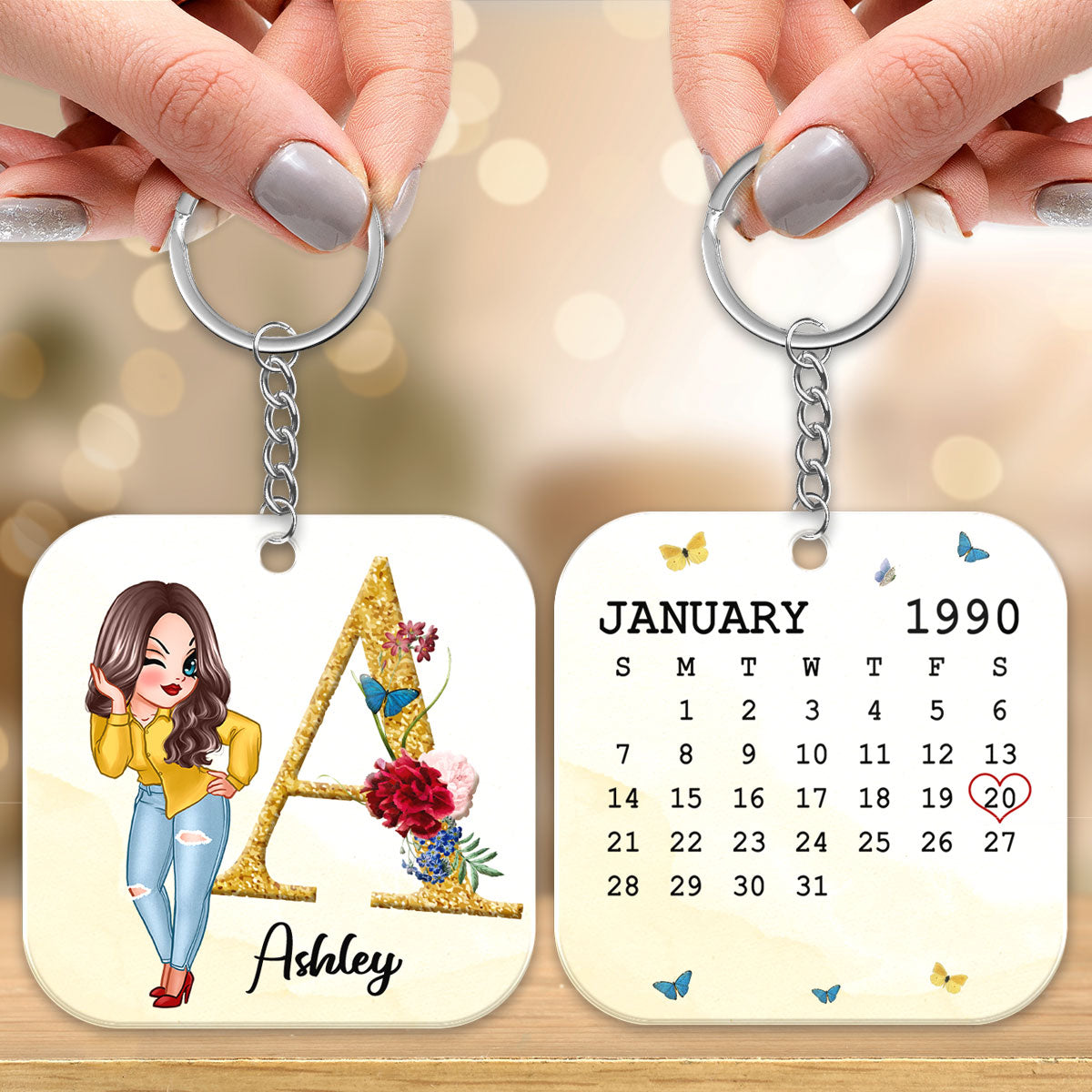 Pretty Girl Doll Woman Birthday Calendar Date Initial & Name Personalized Acrylic Keychain
