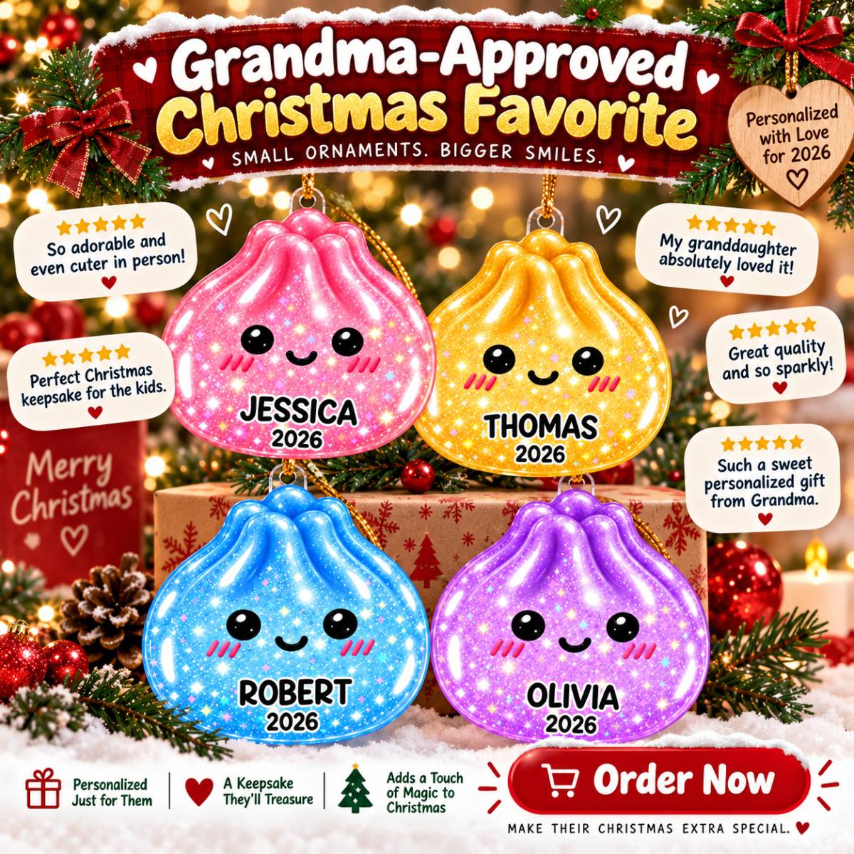Super Cute Funny Dumpling Dim Sum Custom Name - Personalized Acrylic Ornament - Christmas Gift, Keepsake For Kids, Teenagers