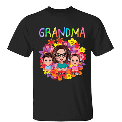 Colorful Flowers Doll Grandma With Grandkids Personalized Shirt