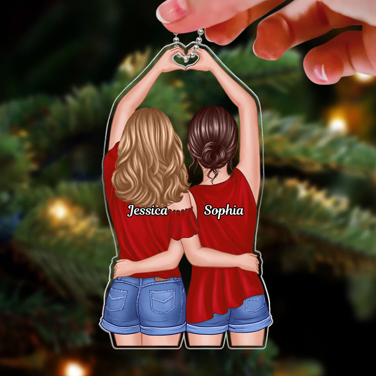 Besties Heart Hand Back View Personalized Acrylic Ornament