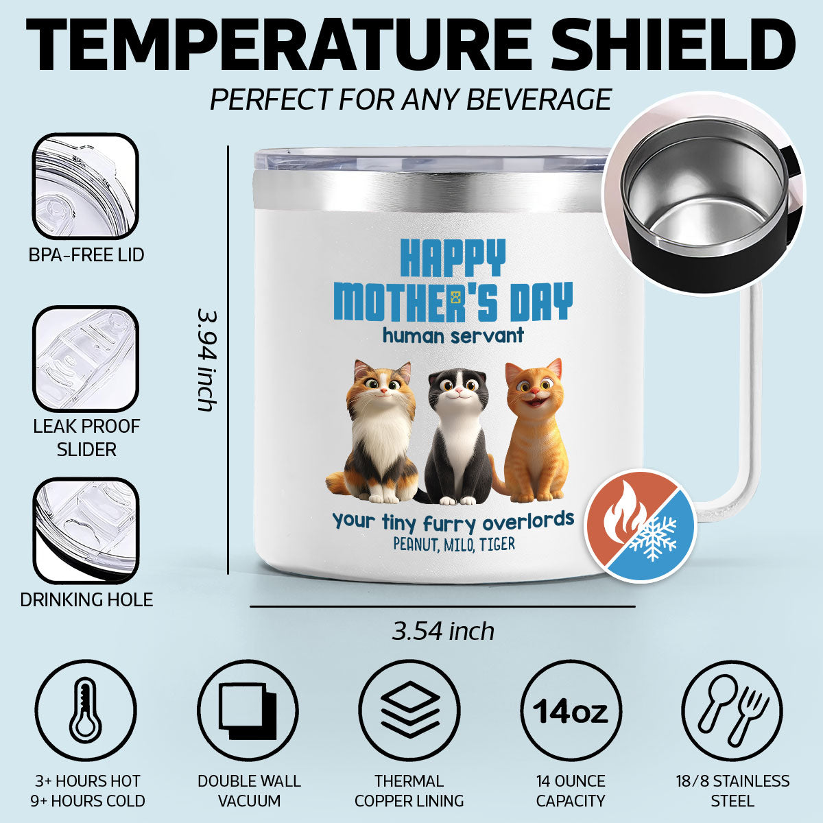 Happy Mother's Day Human Servant Personalized Stainless Steel Tumbler With Handle, Unique Gift for Cat Moms