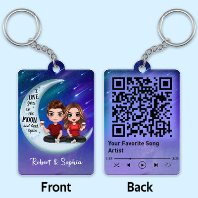 Doll Couple Sitting On Moon I Love You To The Moon And Back Favorite Song Scannable QR Code Personalized Acrylic Keychain