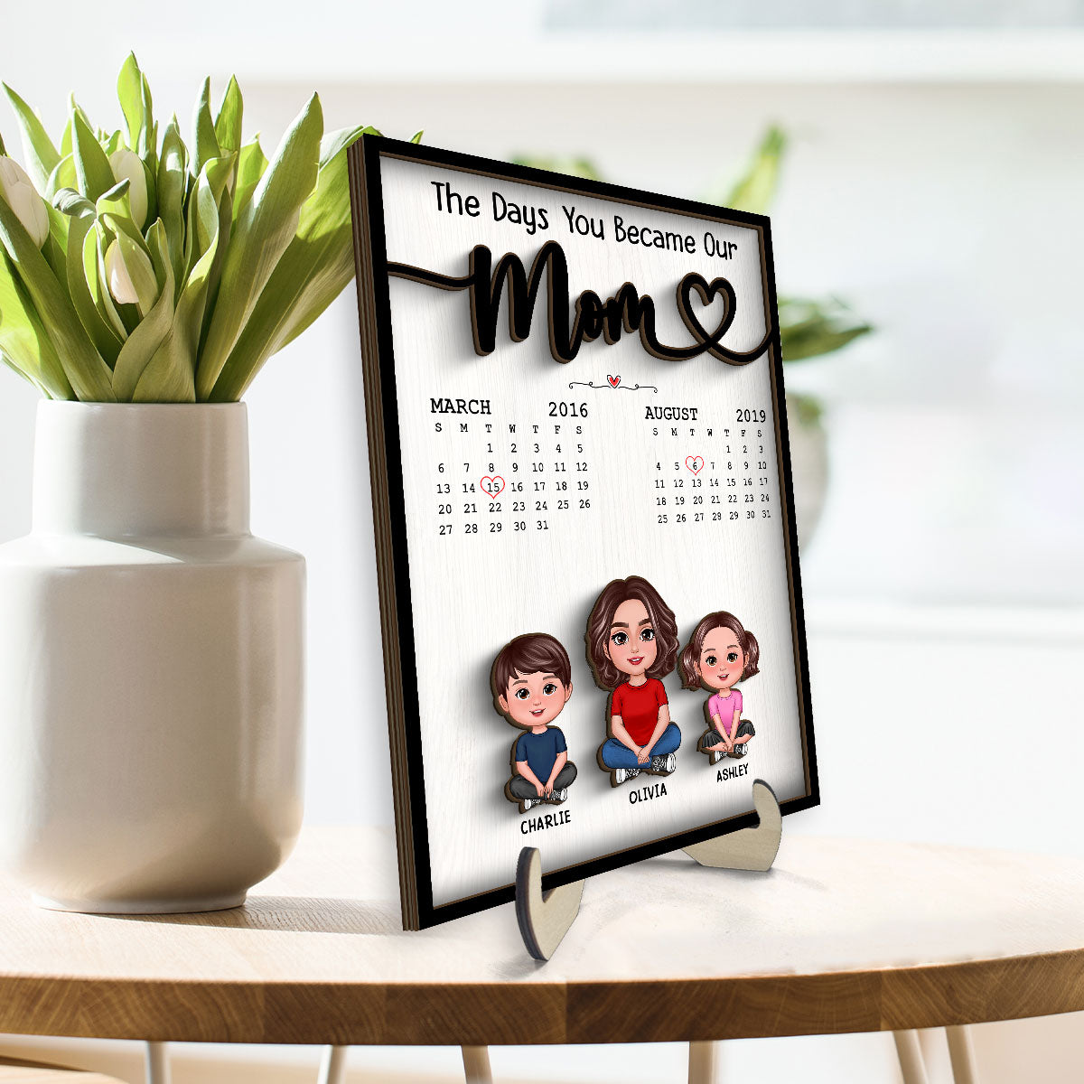 The Day You Became Our Mom Grandma Crossed Legs Birthday Calendar Mother‘s Day Gift Personalized 2-Layer Wooden Plaque