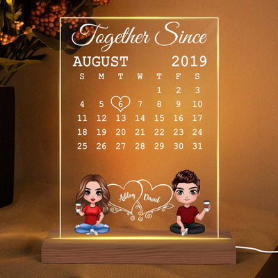 Doll Couple Sitting Calendar Anniversary Date Gift For Him For Her Personalized Rectangle Acrylic Plaque LED Lamp Night Light
