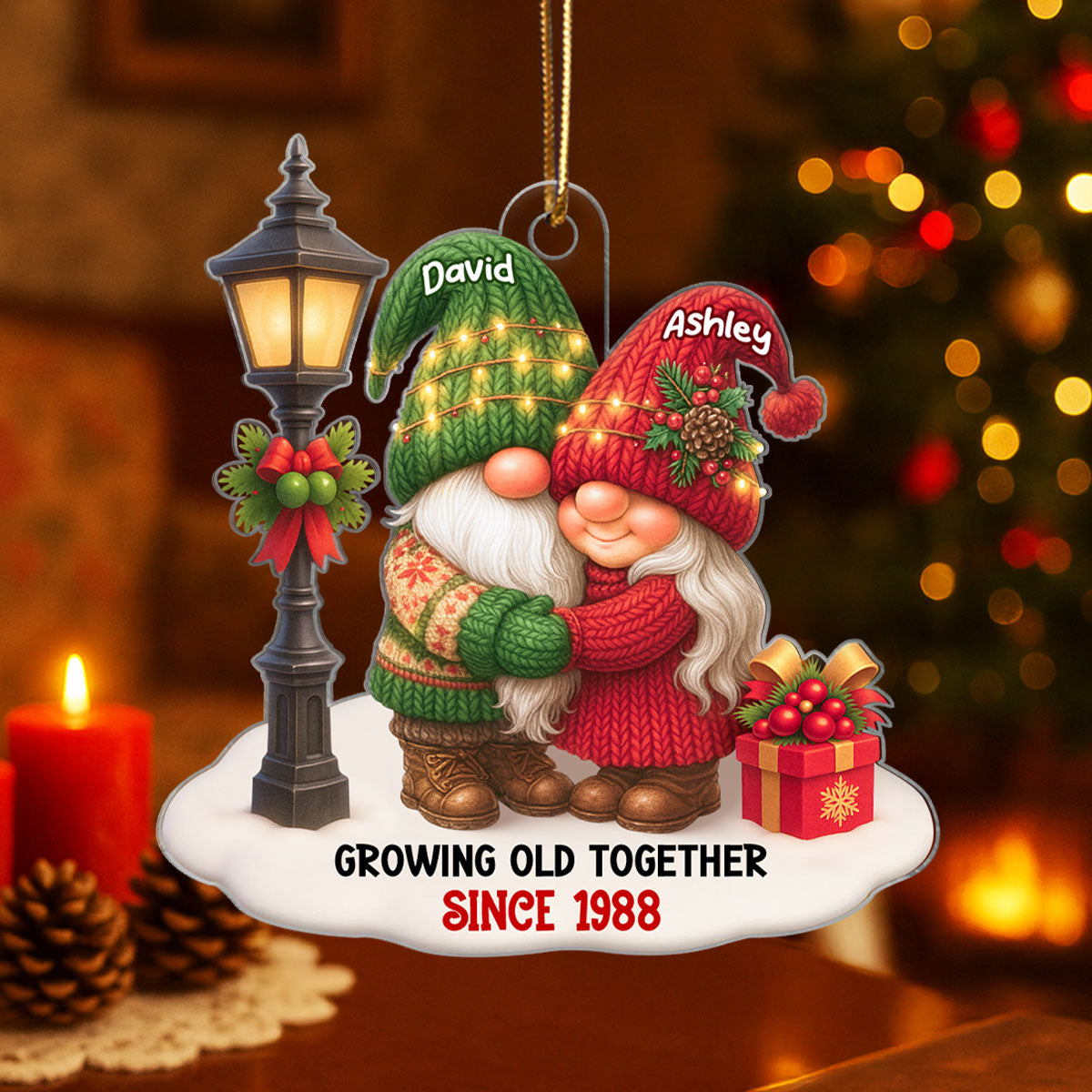 Gnome Christmas Couple Growing Old Together Personalized Acrylic Ornament, Gift for him, for her