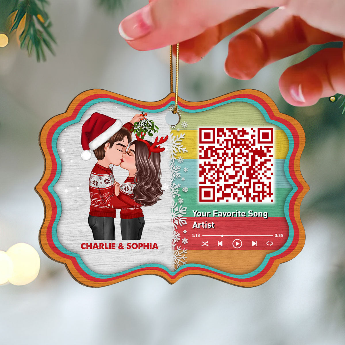 Couple Kissing Under Mistletoe Favorite Song Scannable QR Code Christmas Personalized Wooden Ornament