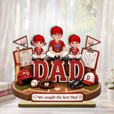 Baseball Dad Kids We Caught The Best Dad - Personalized 2-Layered Wooden Plaque - Father's Day Gift For Dad, Husband