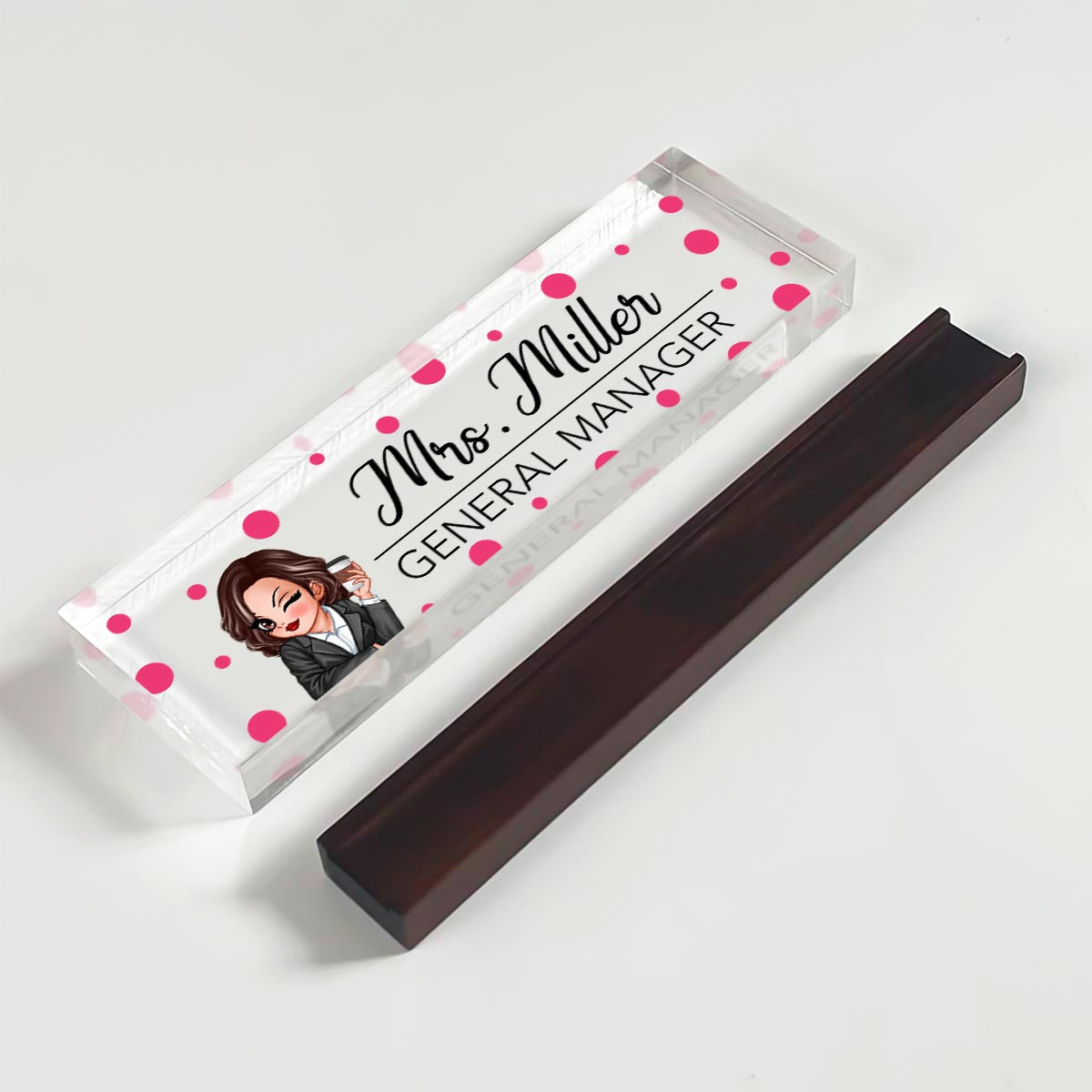 Polka Dot Woman Personalized Acrylic Desk Name Plate, Office Desk Decor, Gift For Colleagues, Coworkers, Boss