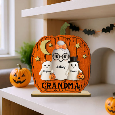 Halloween Grandma Grandkids Boo Pumpkin Shaped Pesonalized 2-Layer Standing Wooden Plaque, Tabletop Tier Tray Decor