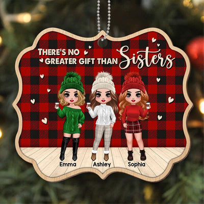 Checkered Pattern Best Friends Sisters Personalized Wooden Ornament