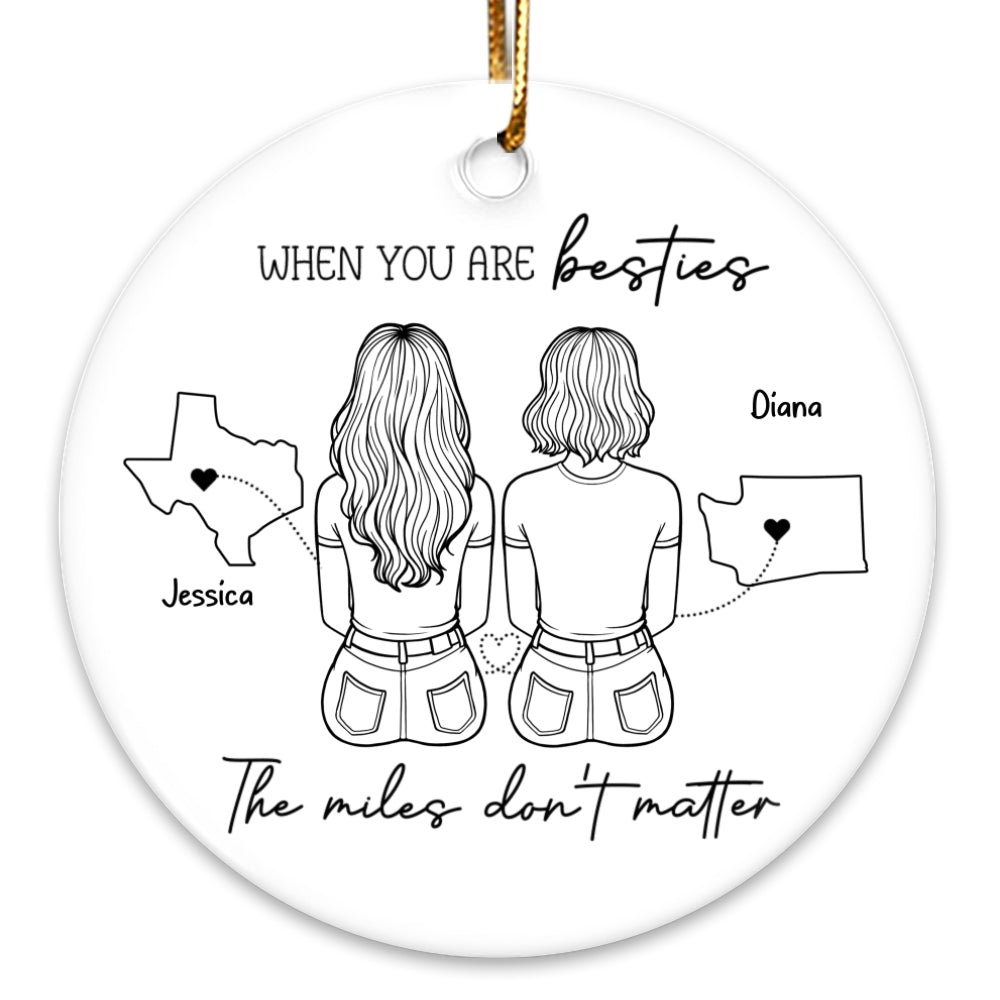 Outline Besties Sisters Long Distance Personalized Circle Ornament, Christmas Gift