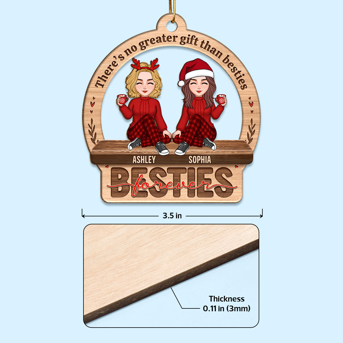 Besties Sisters Forever Cute Doll Women Personalized Custom Shaped Wooden Ornament