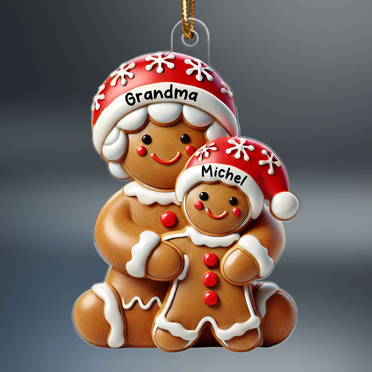 3D Effect Gingerbread Grandma Hugging Grandkid Christmas Personalized Acrylic Ornament, Gift For Granddaughter, Grandson