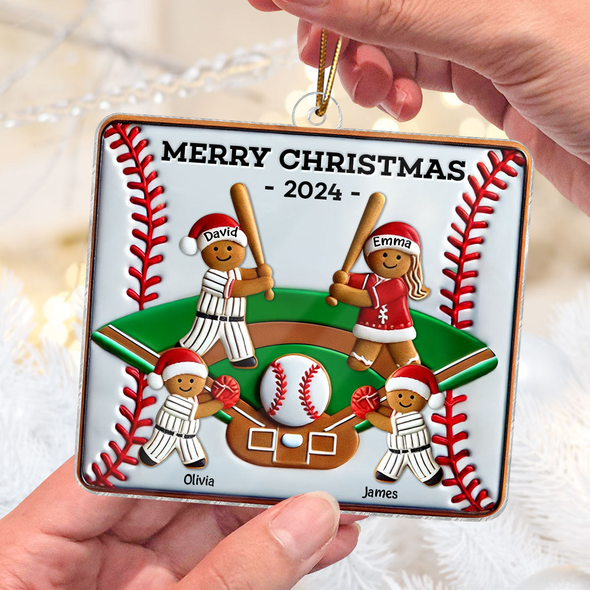 3D Effect Baseball Gingerbread Family Playing On Field Sport Lover Personalized Acrylic Ornament