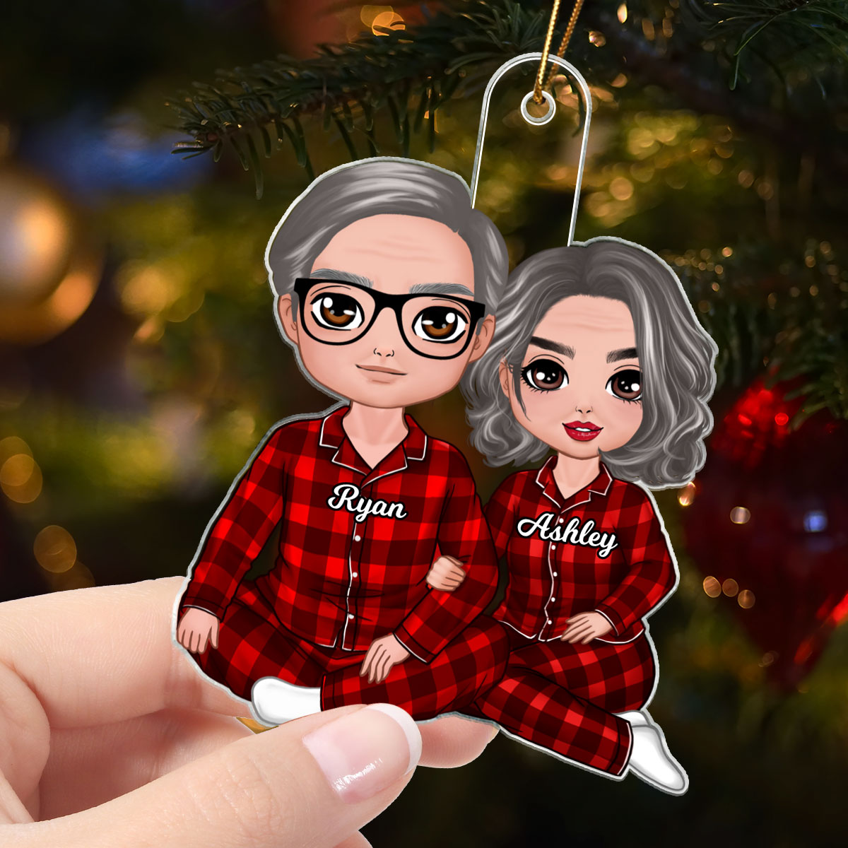 Christmas Doll Couple Sitting Hugging - Personalized Ornament