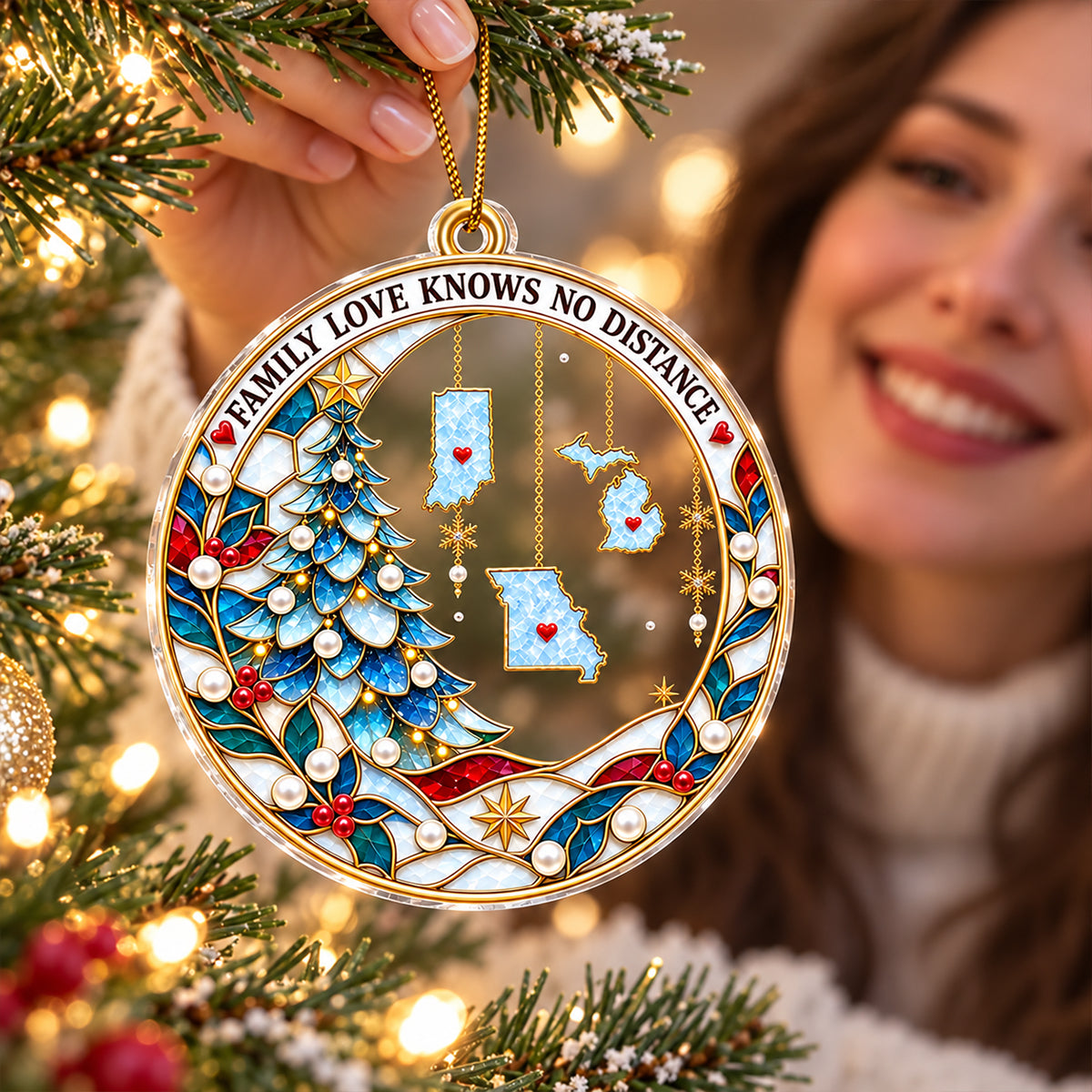 Family Love Knows No Distance - Personalized Acrylic Ornament - Togetherness Christmas Gift for Family, Siblings