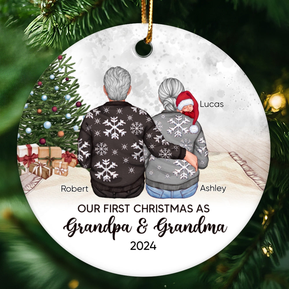 Our First Christmas As Grandma & Grandpa Personalized Circle Ceramic Ornament