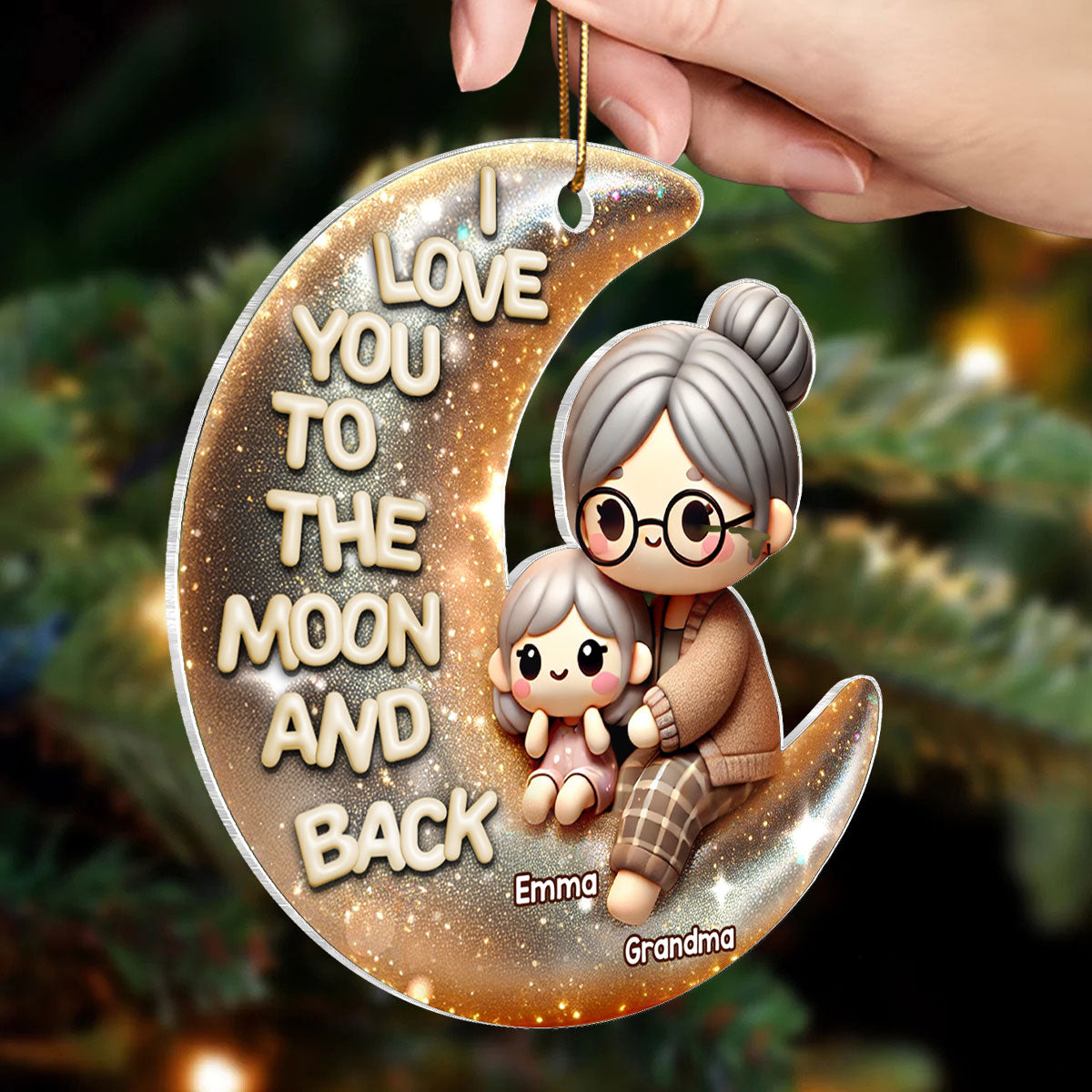 Cute 3D Effect Grandma & Grandkid I Love You To The Moon And Back Personalized Acrylic Ornament, Christmas Gift For Granddaughter, Grandson